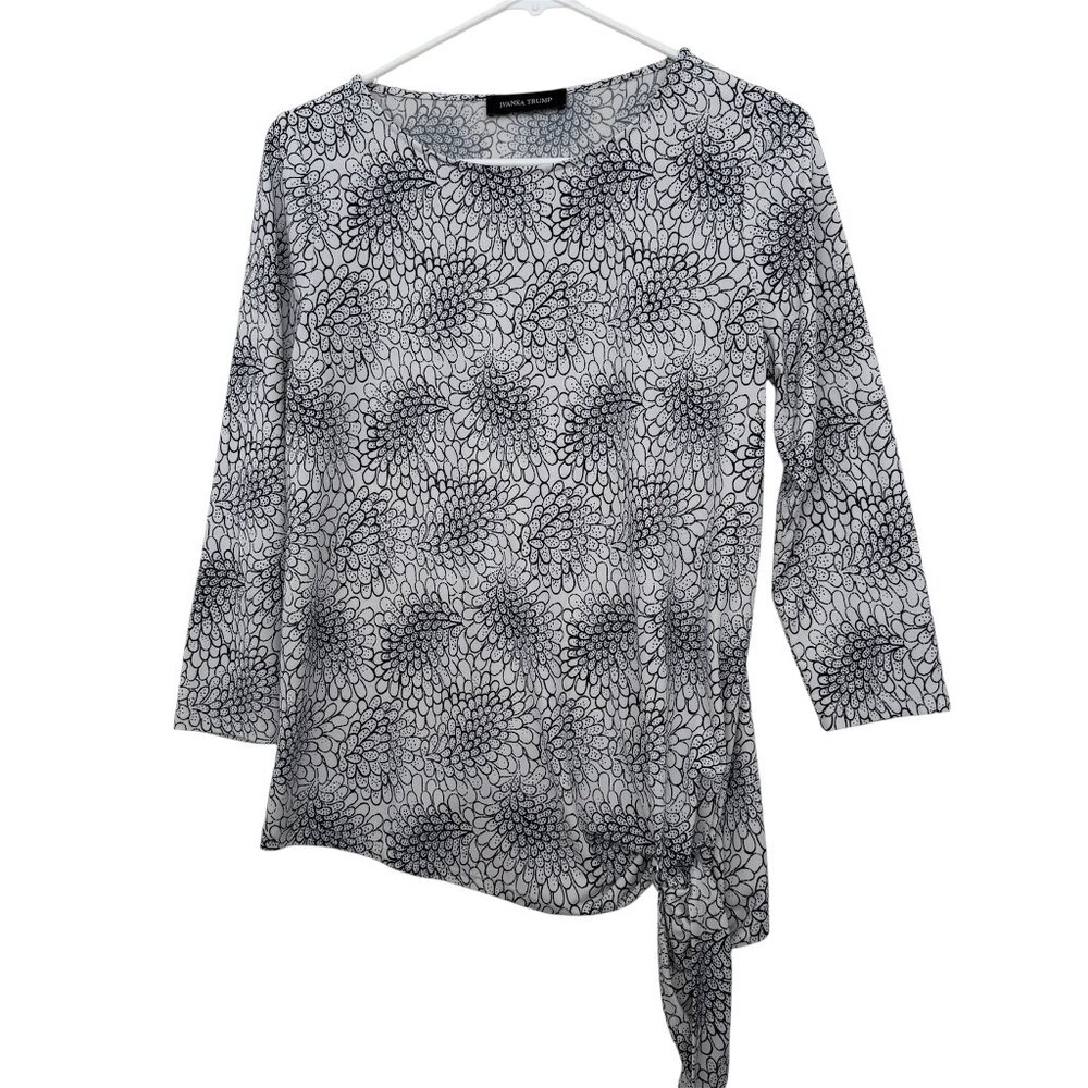 Ivanka Trump Black‎ White Floral Tie Front Top PM 3/4 Sleeve Quiet Luxury Office